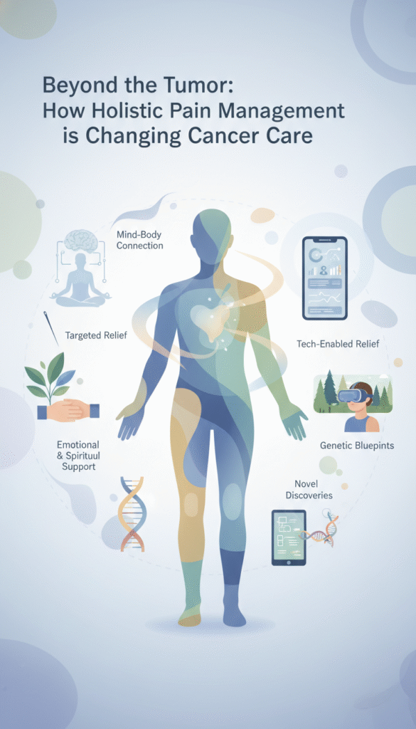 Illustration of modern cancer care showing oncologist, medical technology, precision medicine, and supportive therapies for patients