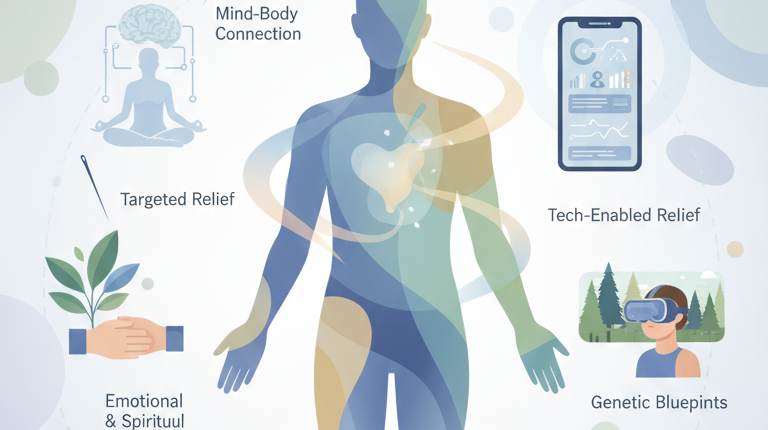 Illustration of modern cancer care showing oncologist, medical technology, precision medicine, and supportive therapies for patients