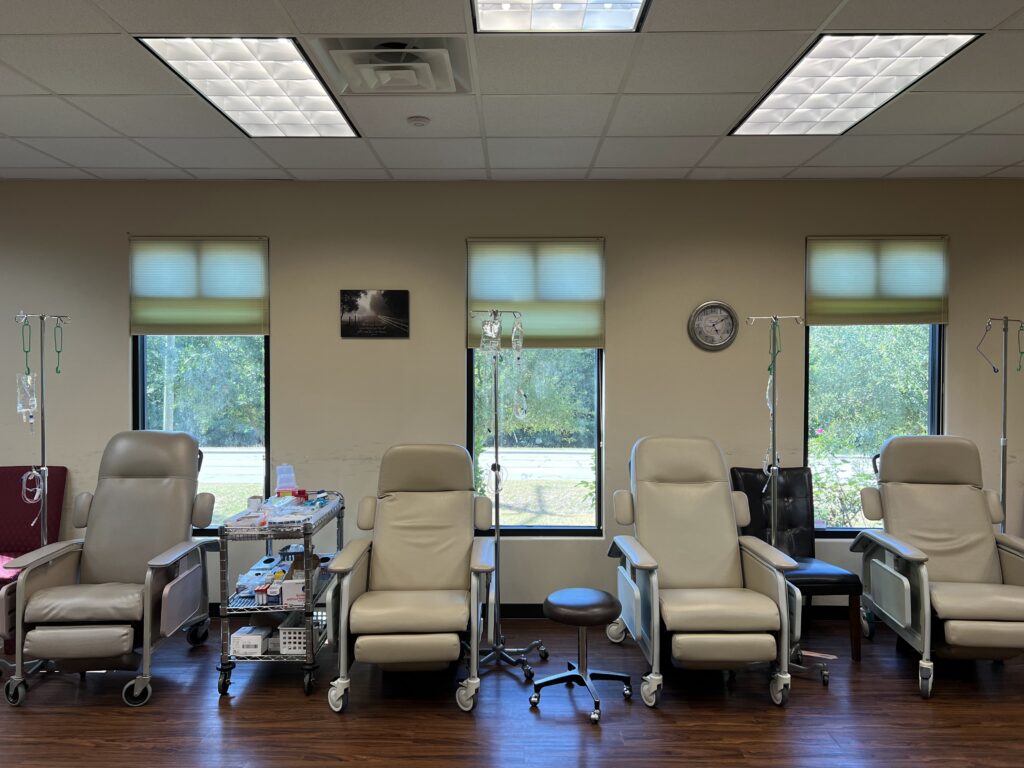 Infusion room at North Houston Cancer Clinics with treatment chairs and IV stations